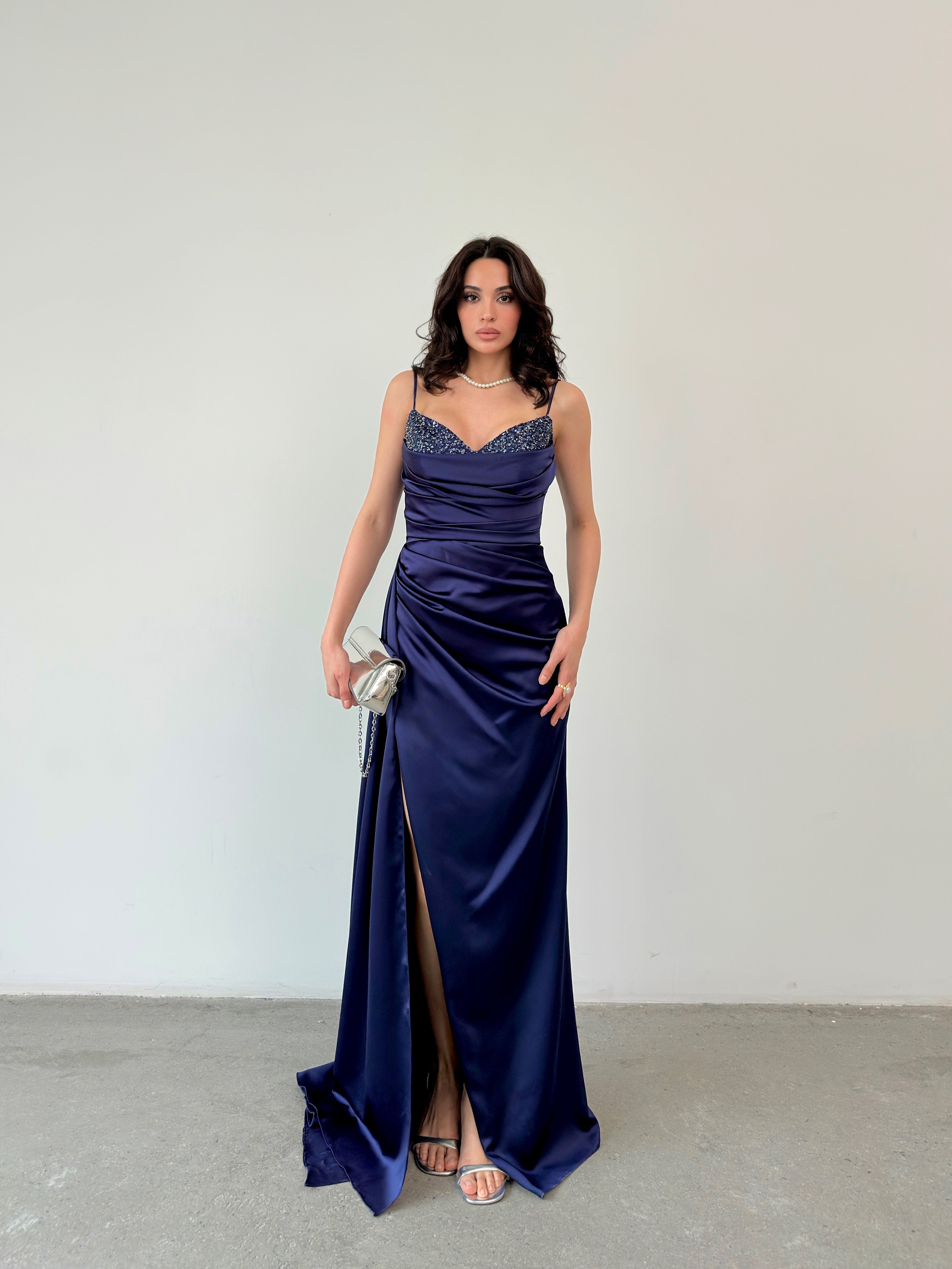 Embellished Cowl Neck Satin Maxi Dress - Navy