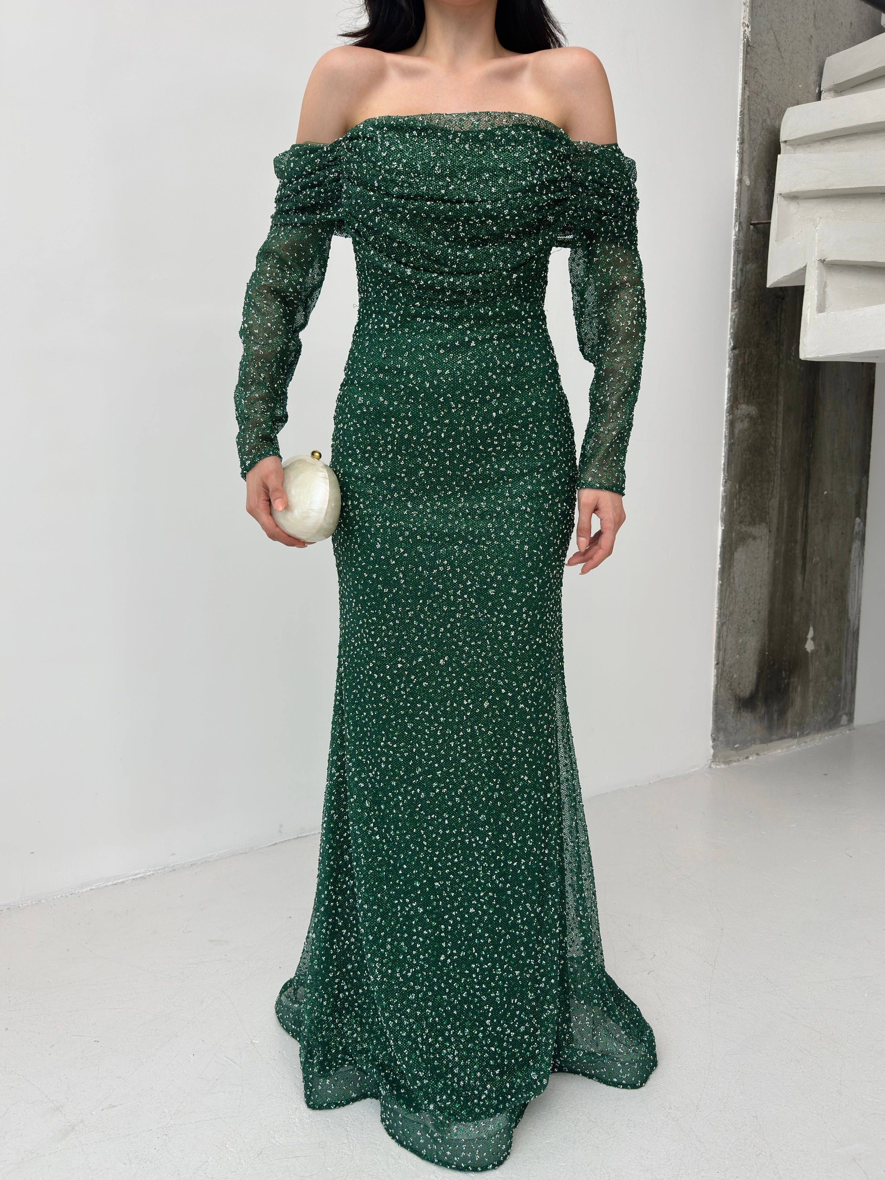 Beaded Off-Shoulder Long Sleeve Maxi Dress - Emerald