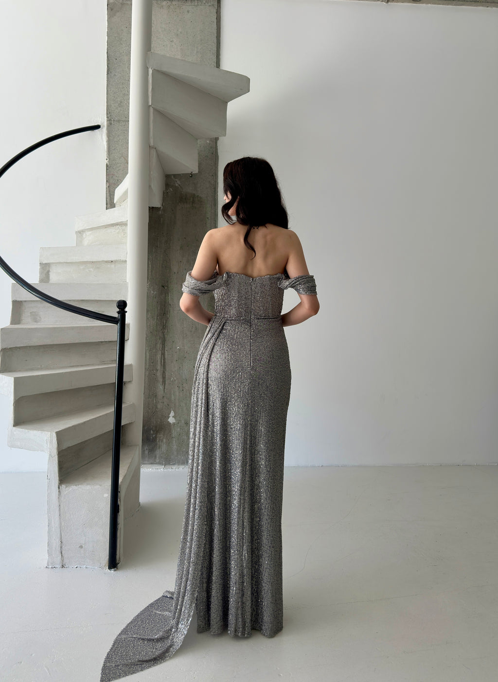Sequined Off-Shoulder Slit Maxi Dress - Grey