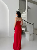 Embroidered Strapless Slit Maxi Dress - Red