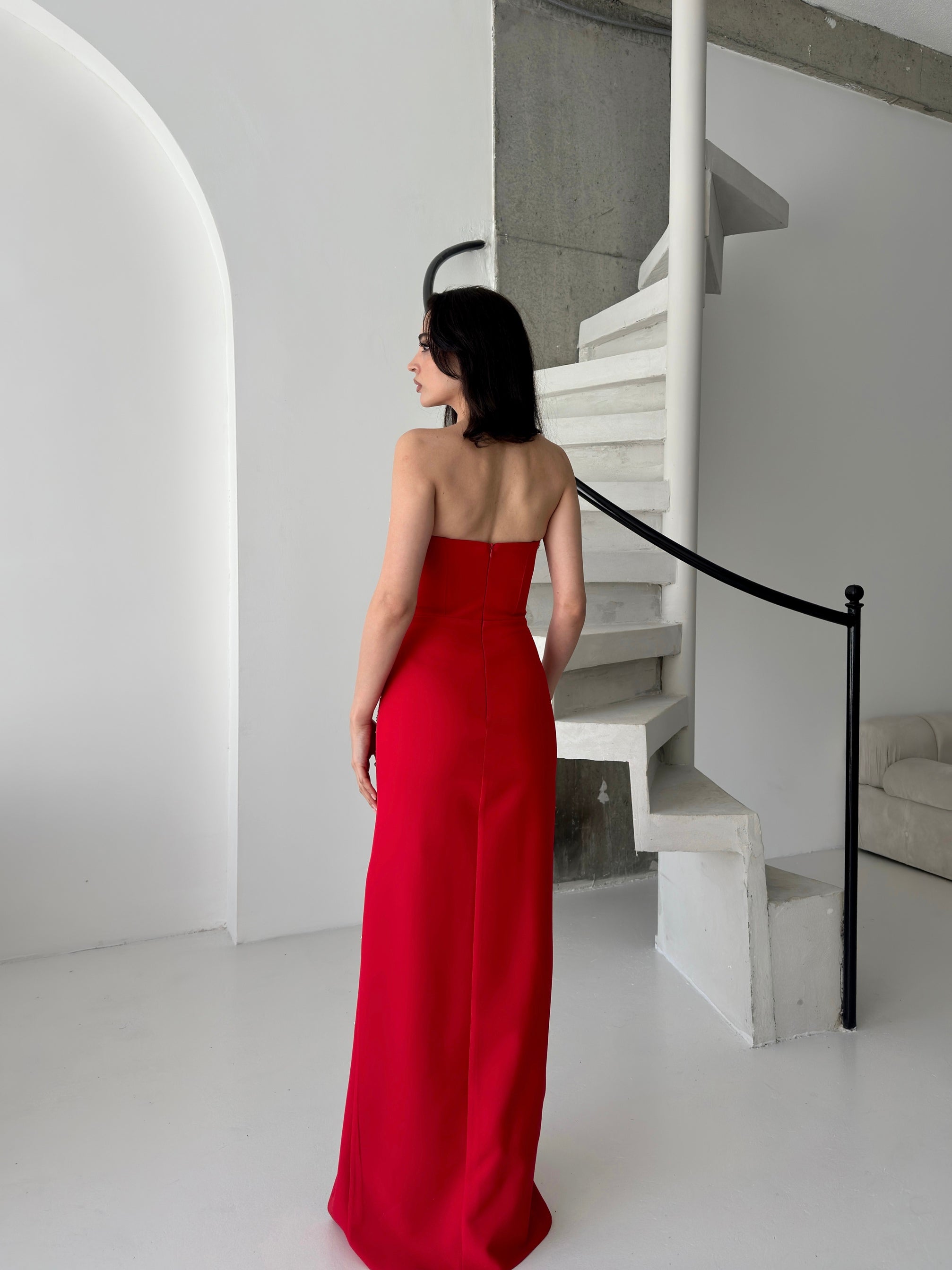 Embroidered Strapless Slit Maxi Dress - Red