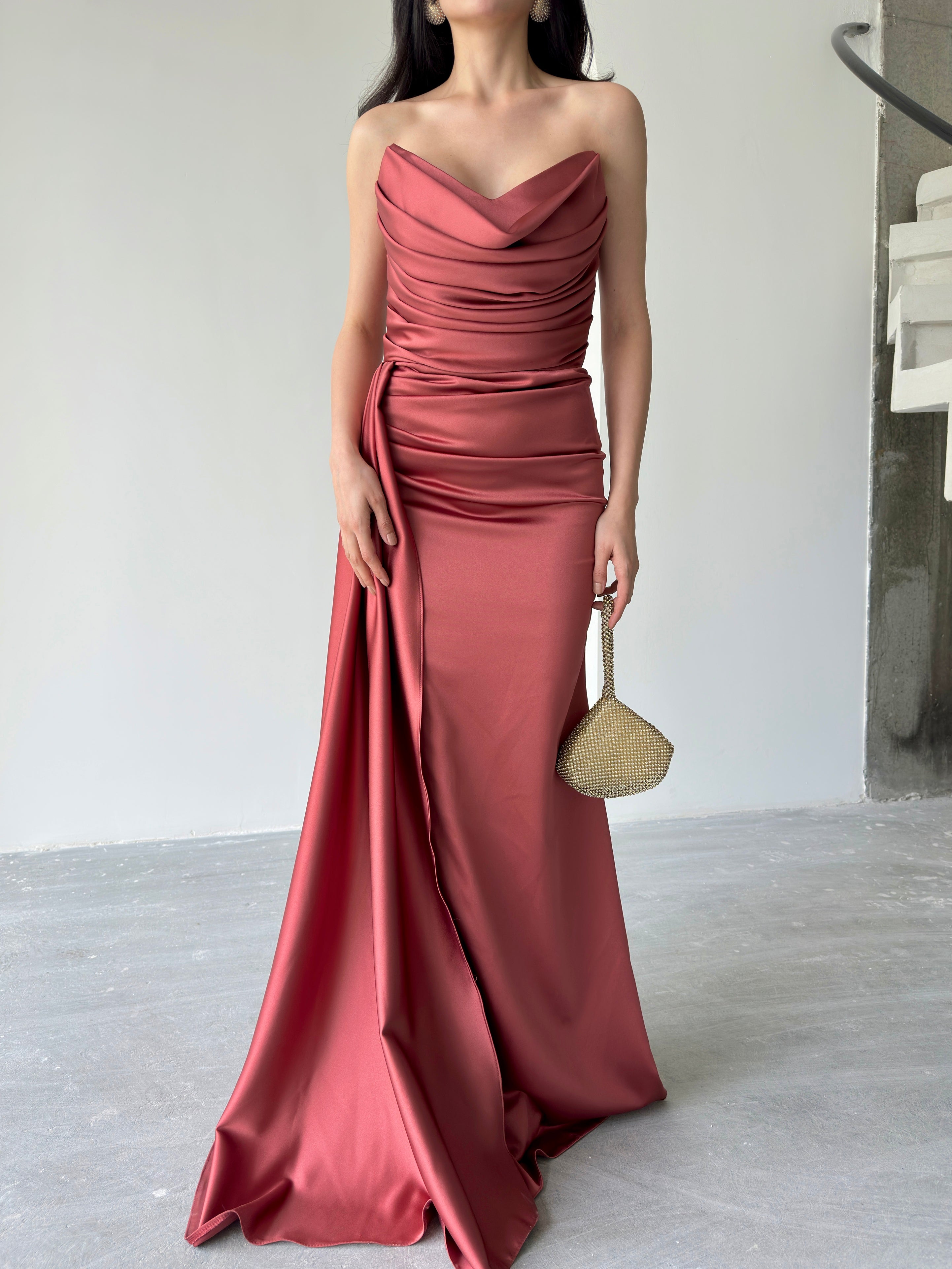 Draped Strapless Satin Maxi Dress - Cinnamon