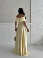 Off-Shoulder Bow Structured Satin Maxi Dress - Pale Yellow