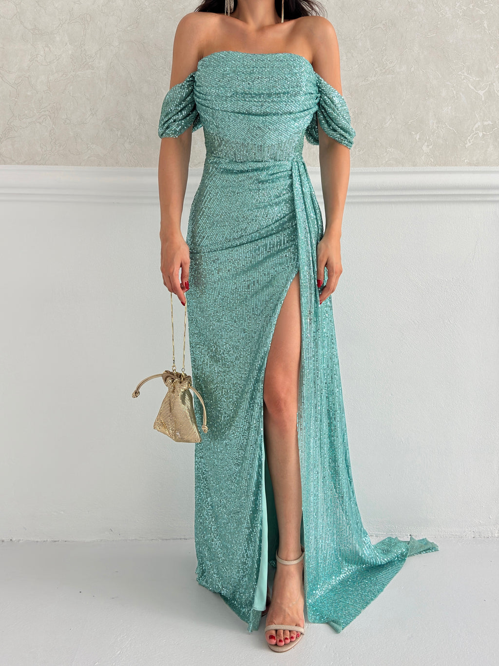Sequined Off-Shoulder Slit Maxi Dress - Mint