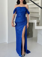 Sequined Off-Shoulder Slit Maxi Dress - Royal Blue