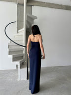 Embroidered Strapless Slit Maxi Dress - Navy