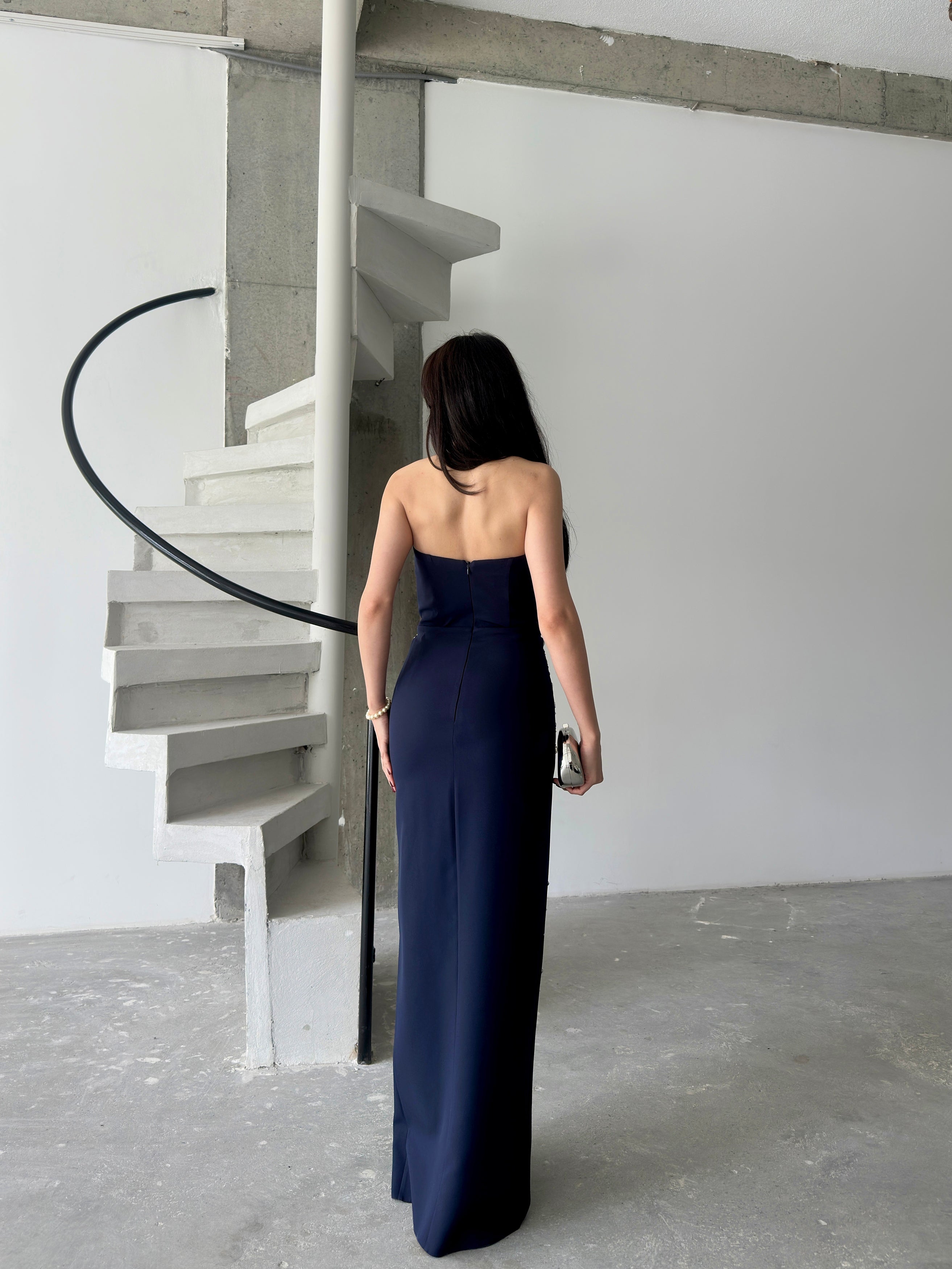 Embroidered Strapless Slit Maxi Dress - Navy