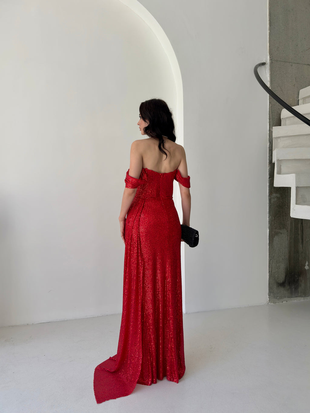 Sequined Off-Shoulder Slit Maxi Dress - Red