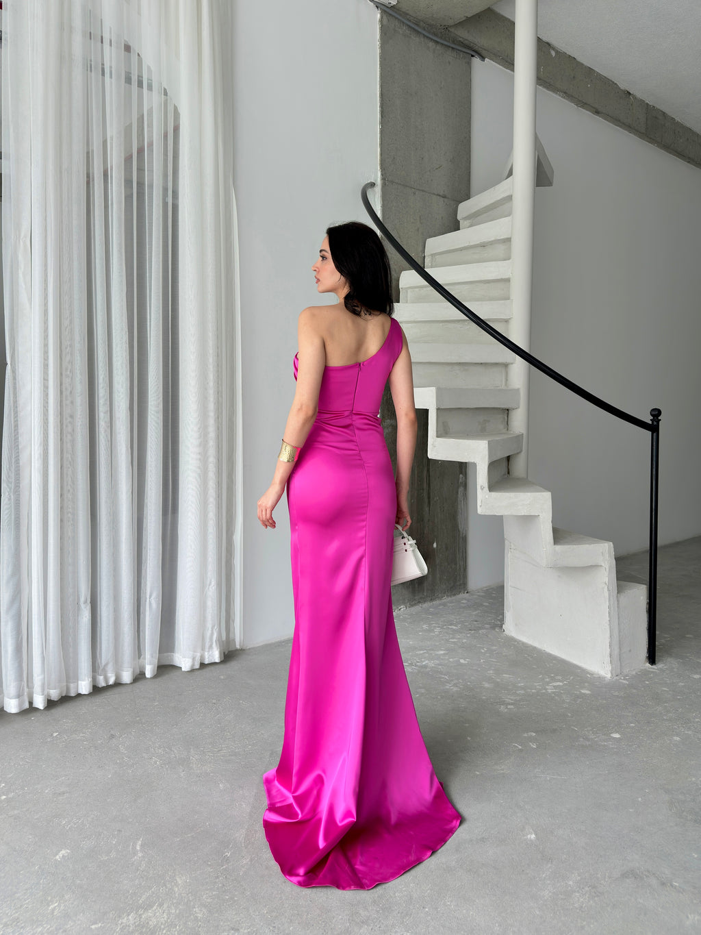 Draped One-Shoulder Satin Maxi Dress - Fuchsia