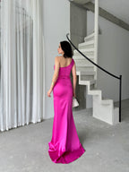 Draped One-Shoulder Satin Maxi Dress - Fuchsia