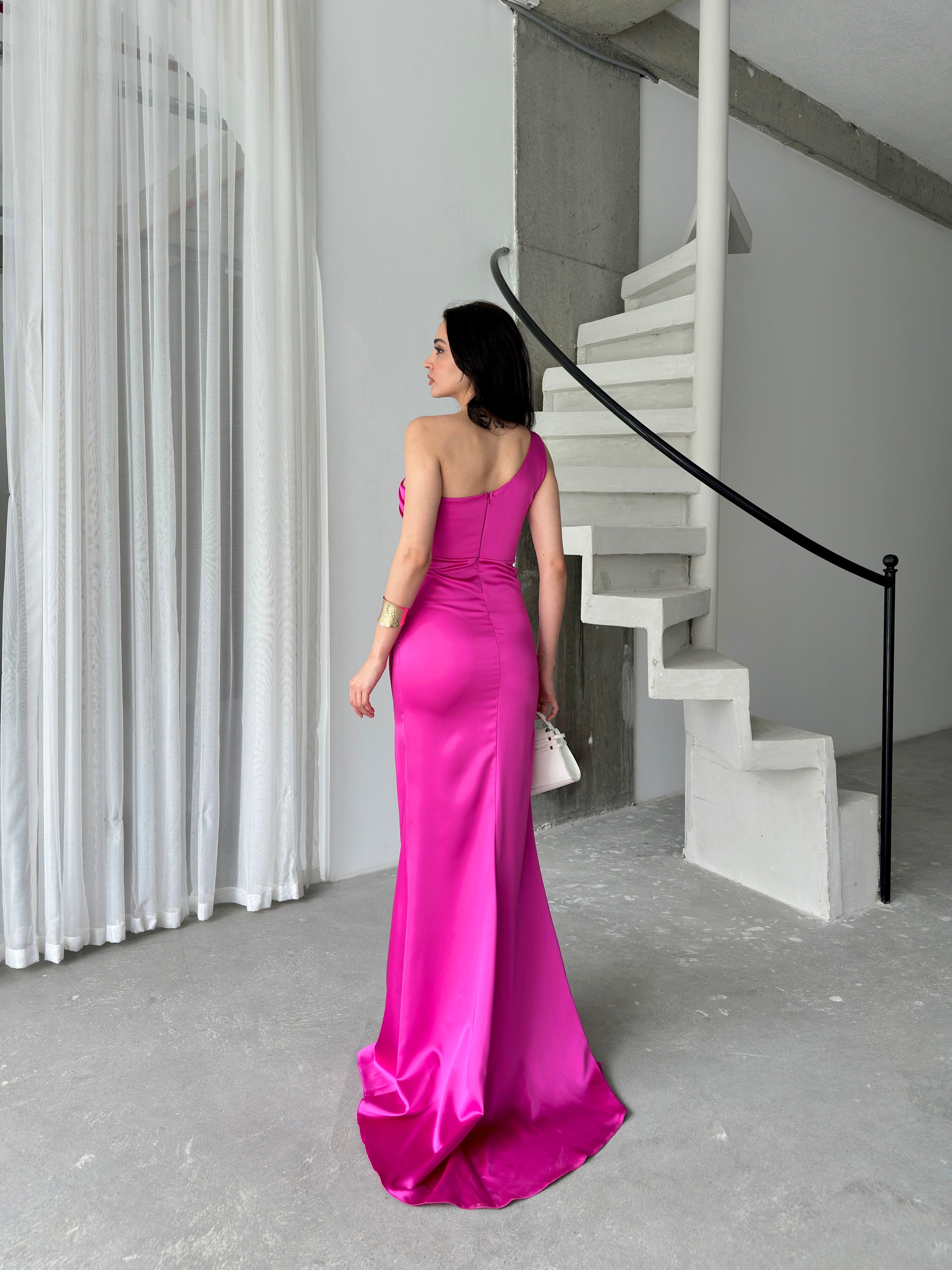 Draped One-Shoulder Satin Maxi Dress - Fuchsia