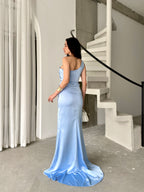 Draped One-Shoulder Satin Maxi Dress - Baby Blue