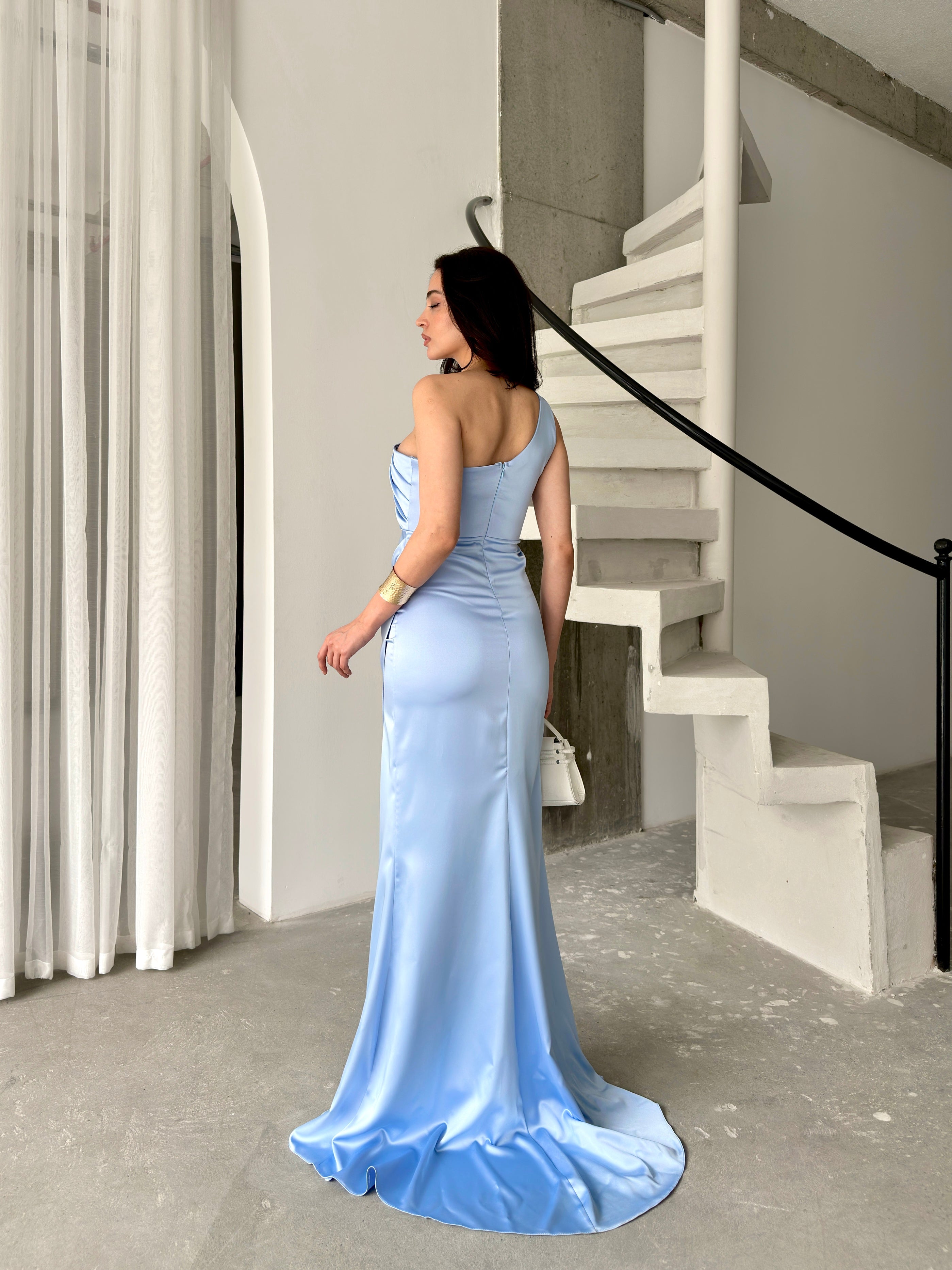 Draped One-Shoulder Satin Maxi Dress - Baby Blue