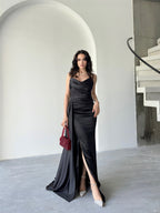 Draped Strapless Satin Maxi Dress - Black