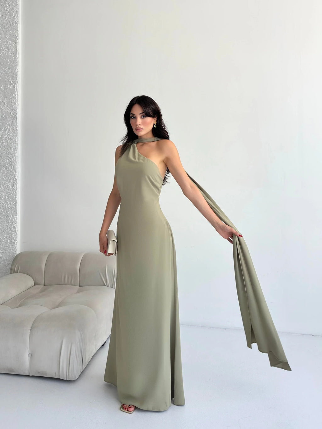 Scarf Detail One-Shoulder Maxi Dress - Khaki - Mirelline Store