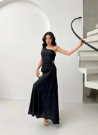 Patterned One-Shoulder Cut-Out Maxi Dress - Black - Mirelline Store