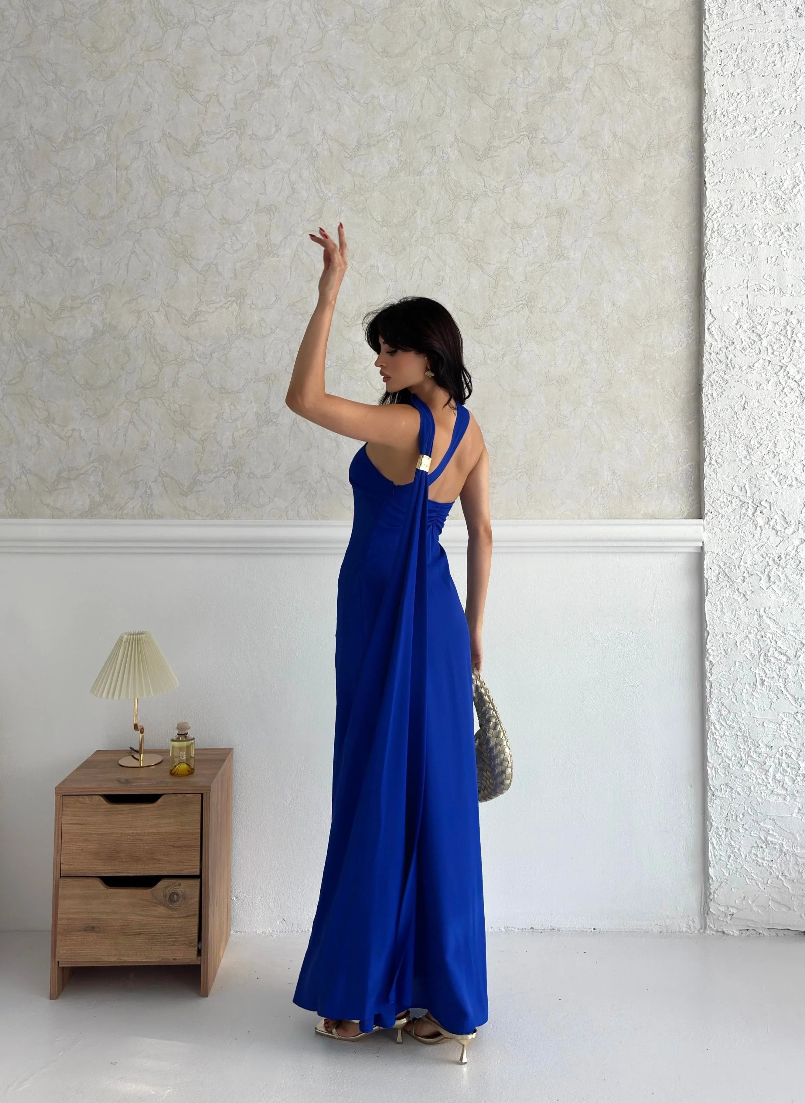 Scarf Detail One-Shoulder Maxi Dress - Saxe Blue - Mirelline Store