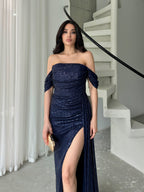 Off-Shoulder Slit Maxi Dress - Navy