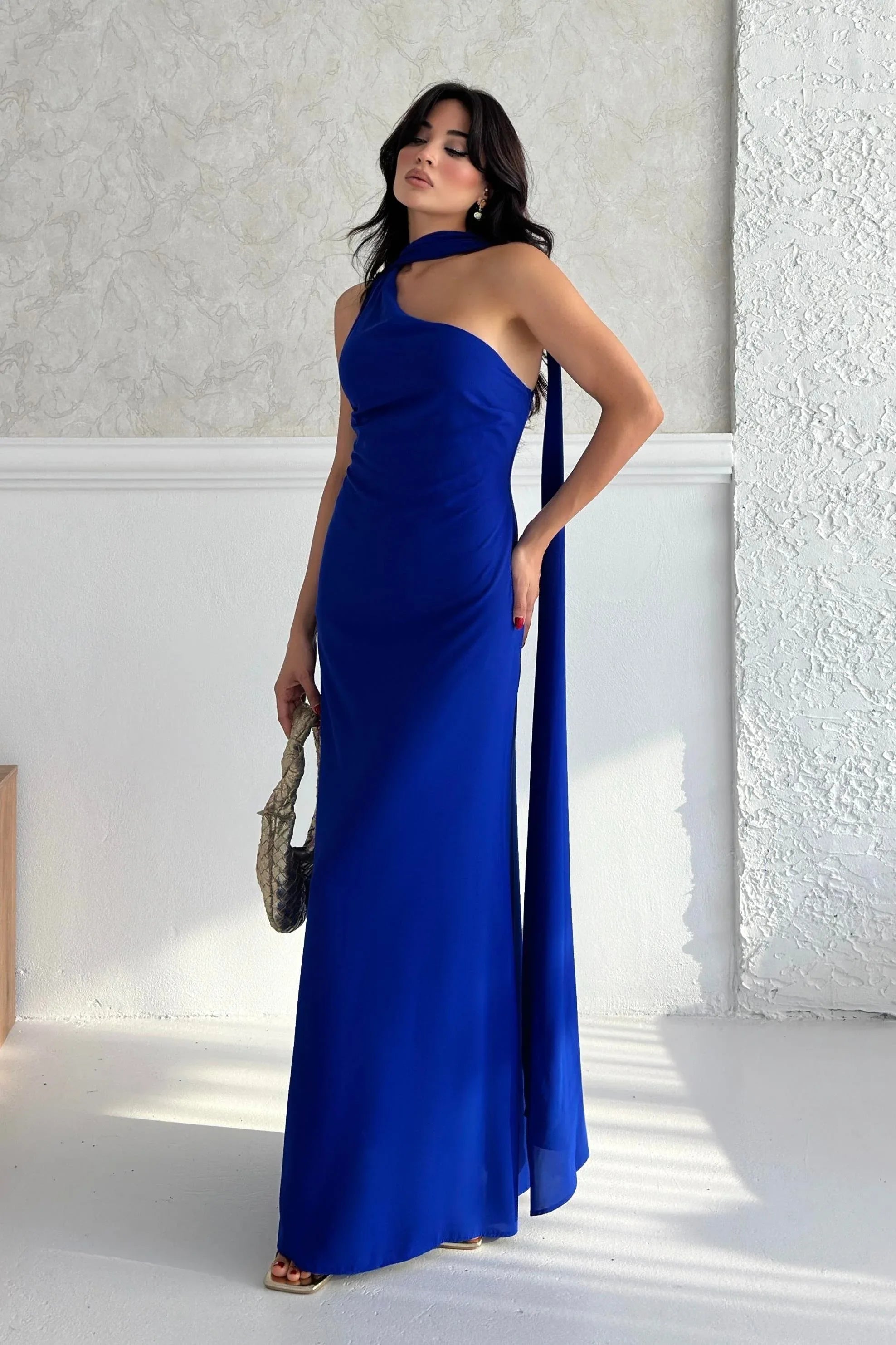 Scarf Detail One-Shoulder Maxi Dress - Saxe Blue - Mirelline Store