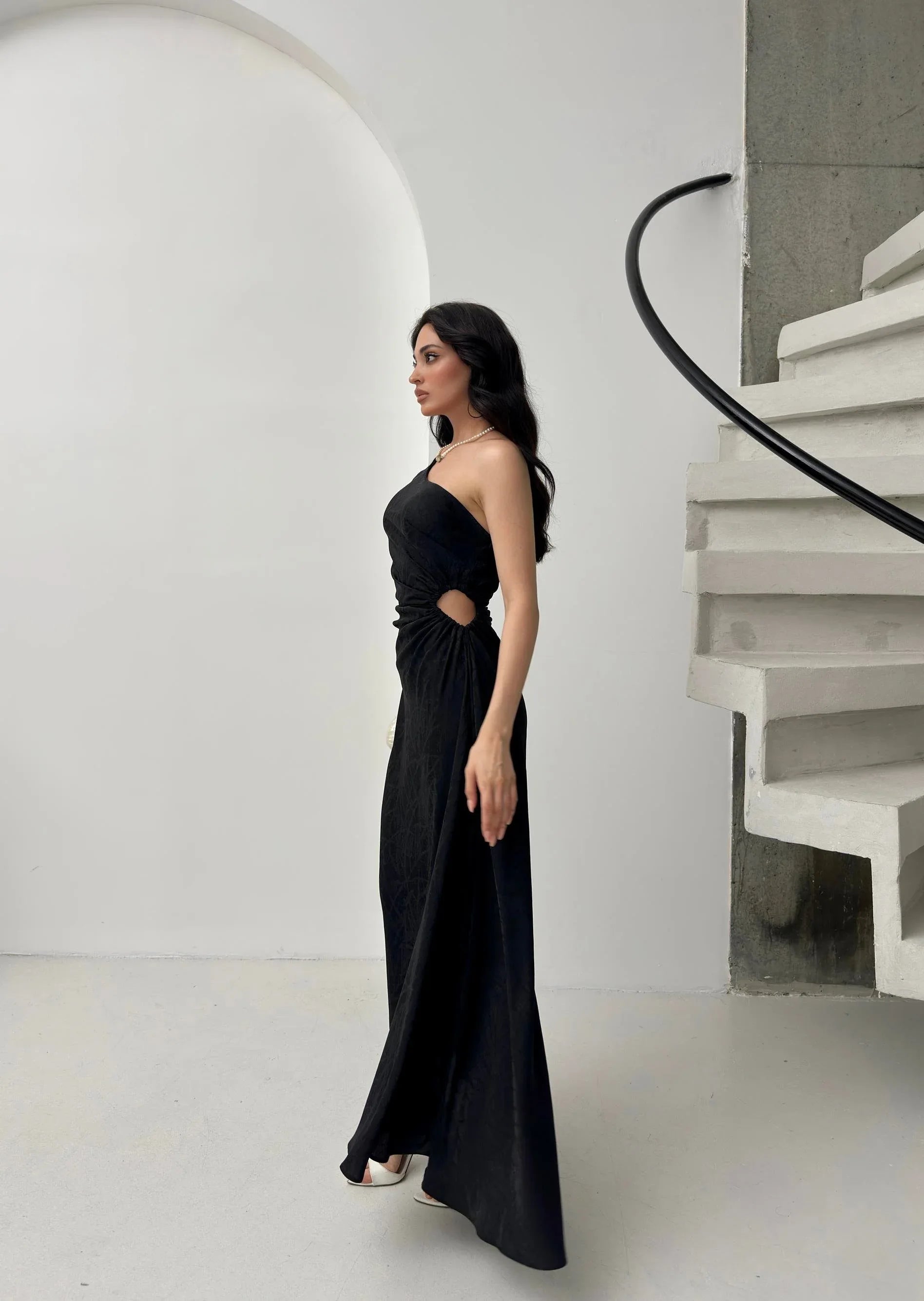 Patterned One-Shoulder Cut-Out Maxi Dress - Black - Mirelline Store