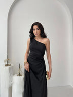 Patterned One-Shoulder Cut-Out Maxi Dress - Black - Mirelline Store