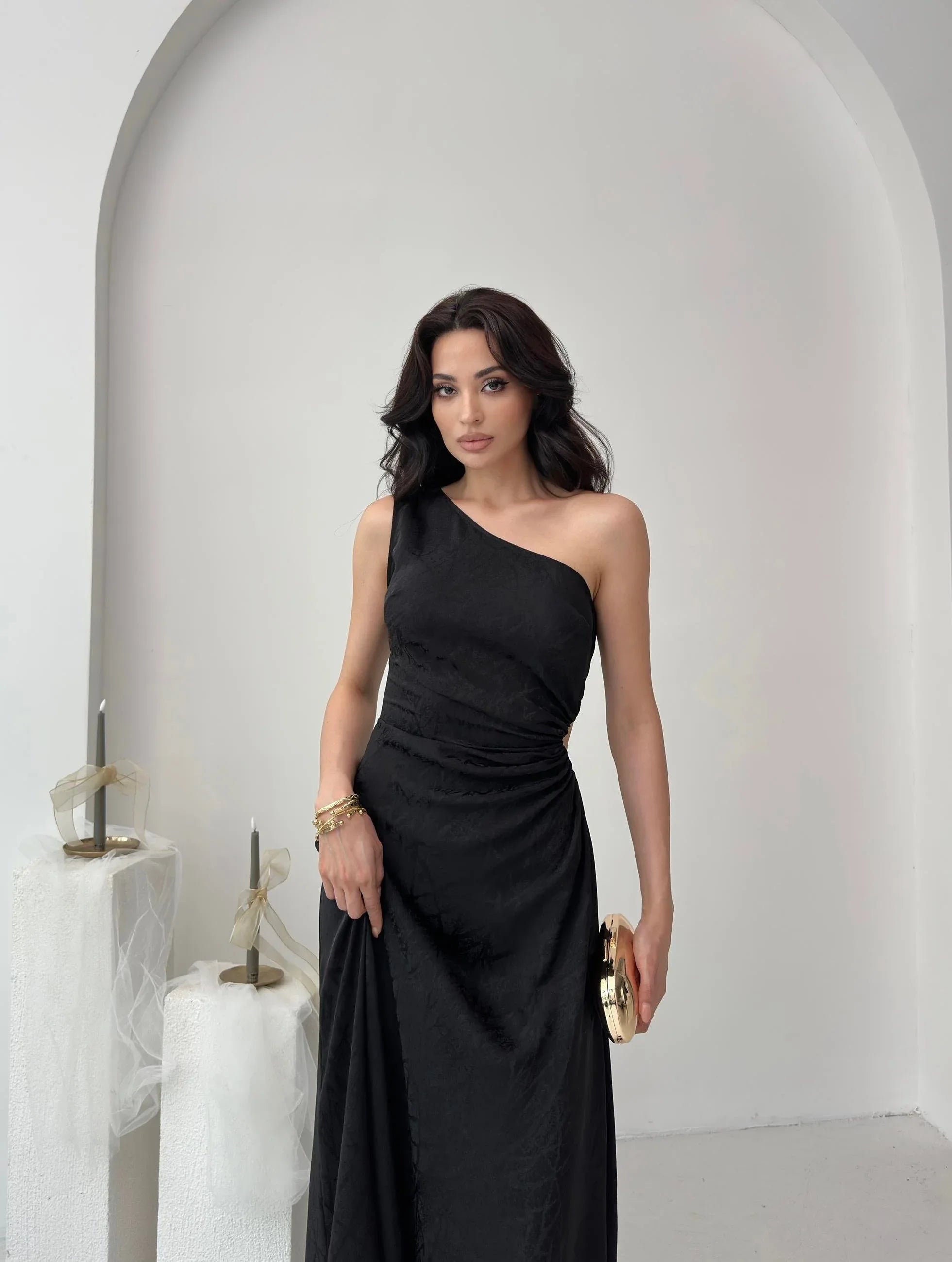 Patterned One-Shoulder Cut-Out Maxi Dress - Black - Mirelline Store