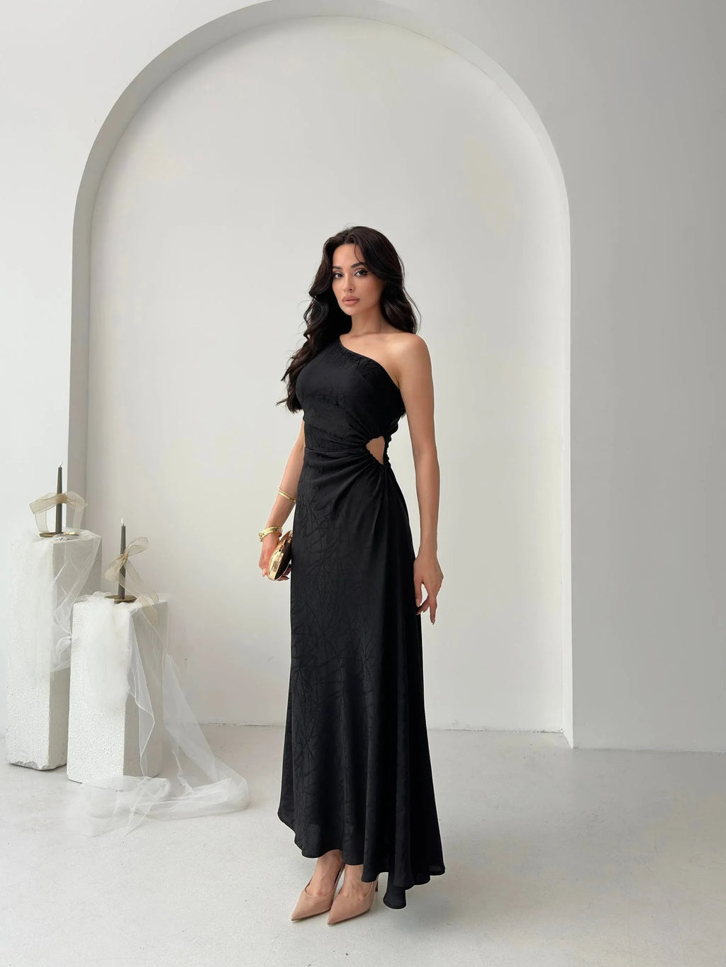 Patterned One-Shoulder Cut-Out Maxi Dress - Black - Mirelline Store