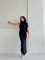 One-Shoulder Mock Neck Draped Maxi Dress - Black - Mirelline Store