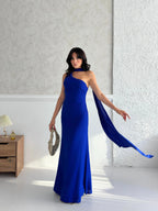 Scarf Detail One-Shoulder Maxi Dress - Saxe Blue - Mirelline Store