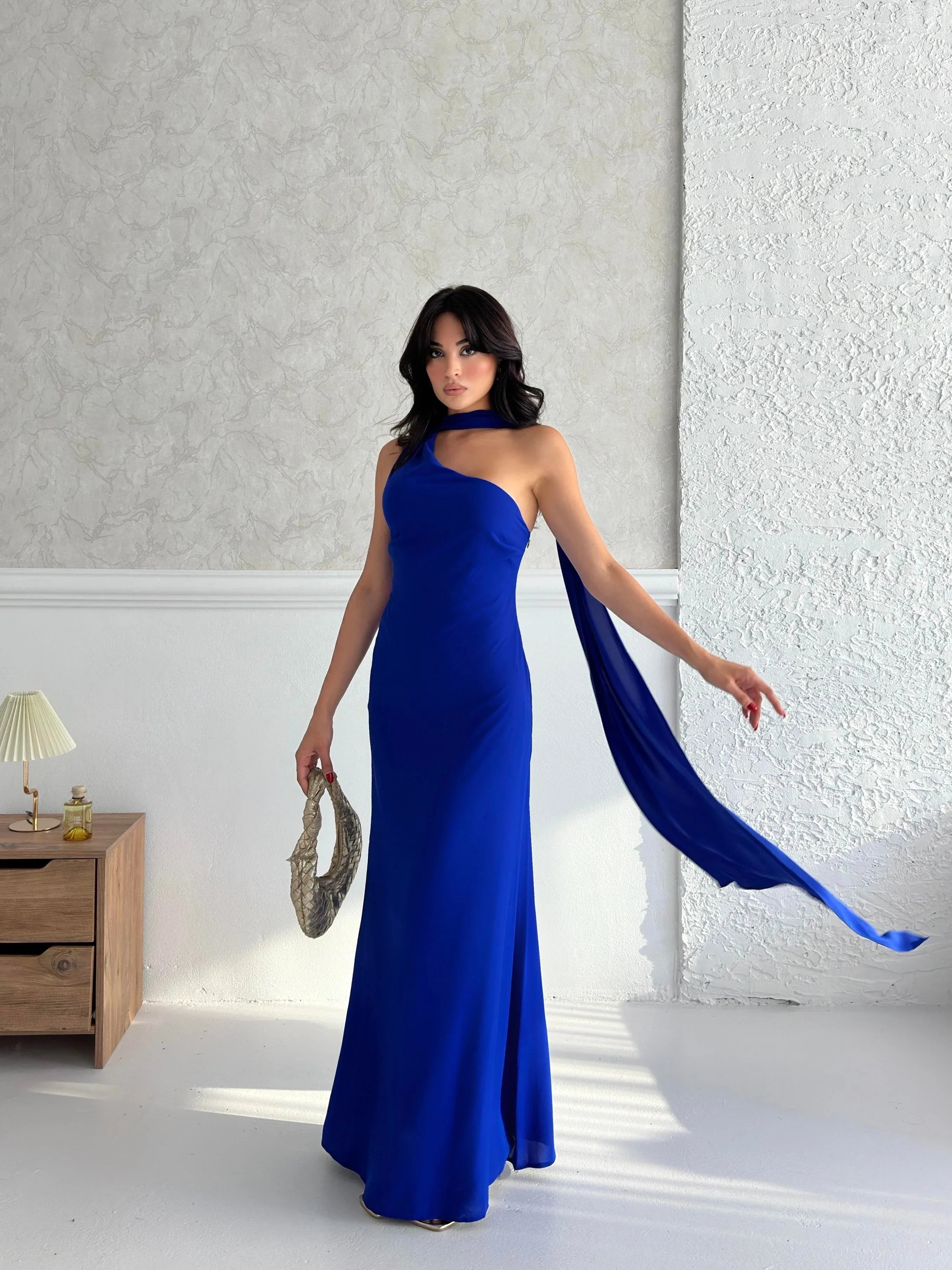 Scarf Detail One-Shoulder Maxi Dress - Saxe Blue - Mirelline Store