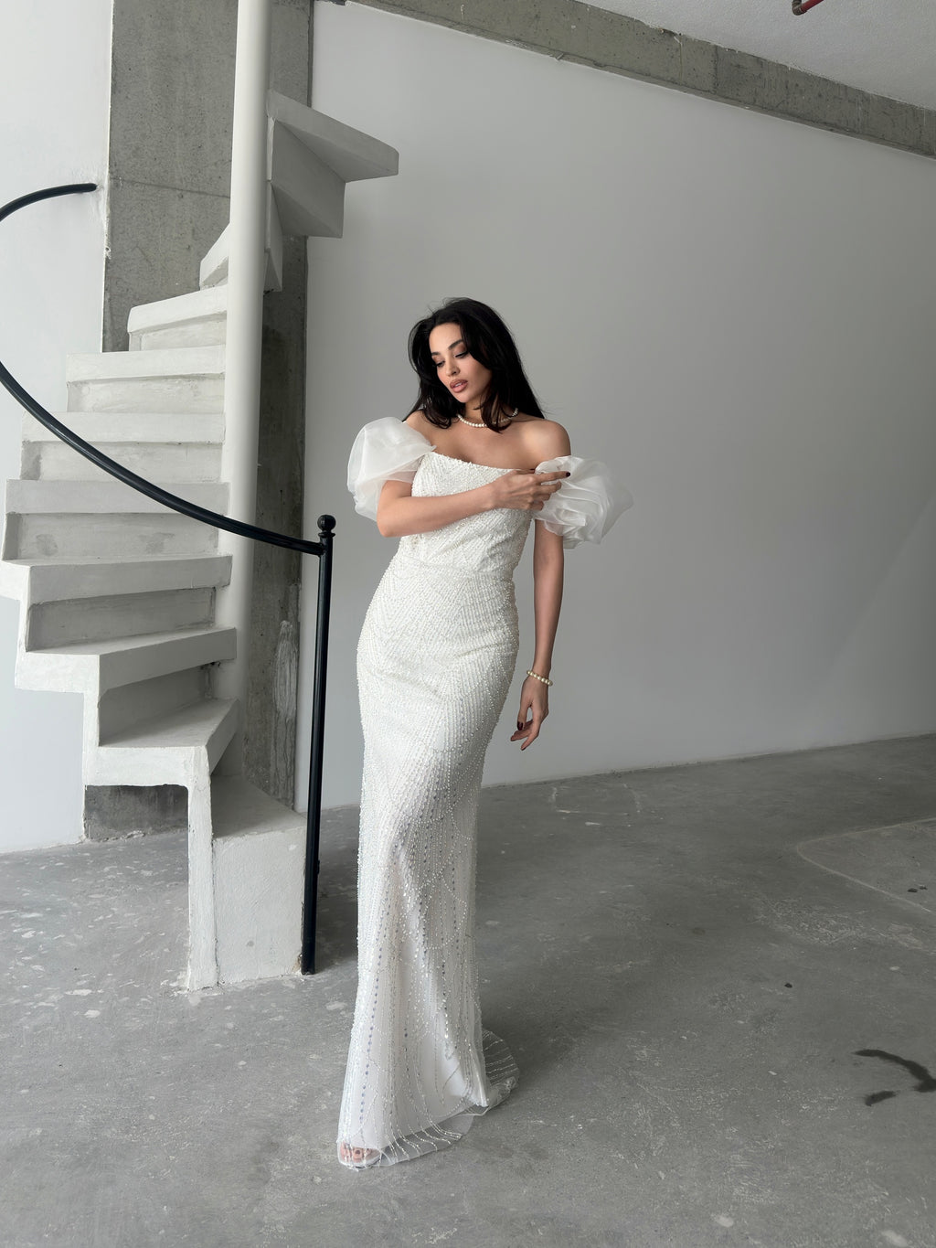 Beaded Off-Shoulder Puff Sleeve Maxi Dress - White