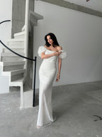 Beaded Off-Shoulder Puff Sleeve Maxi Dress - White