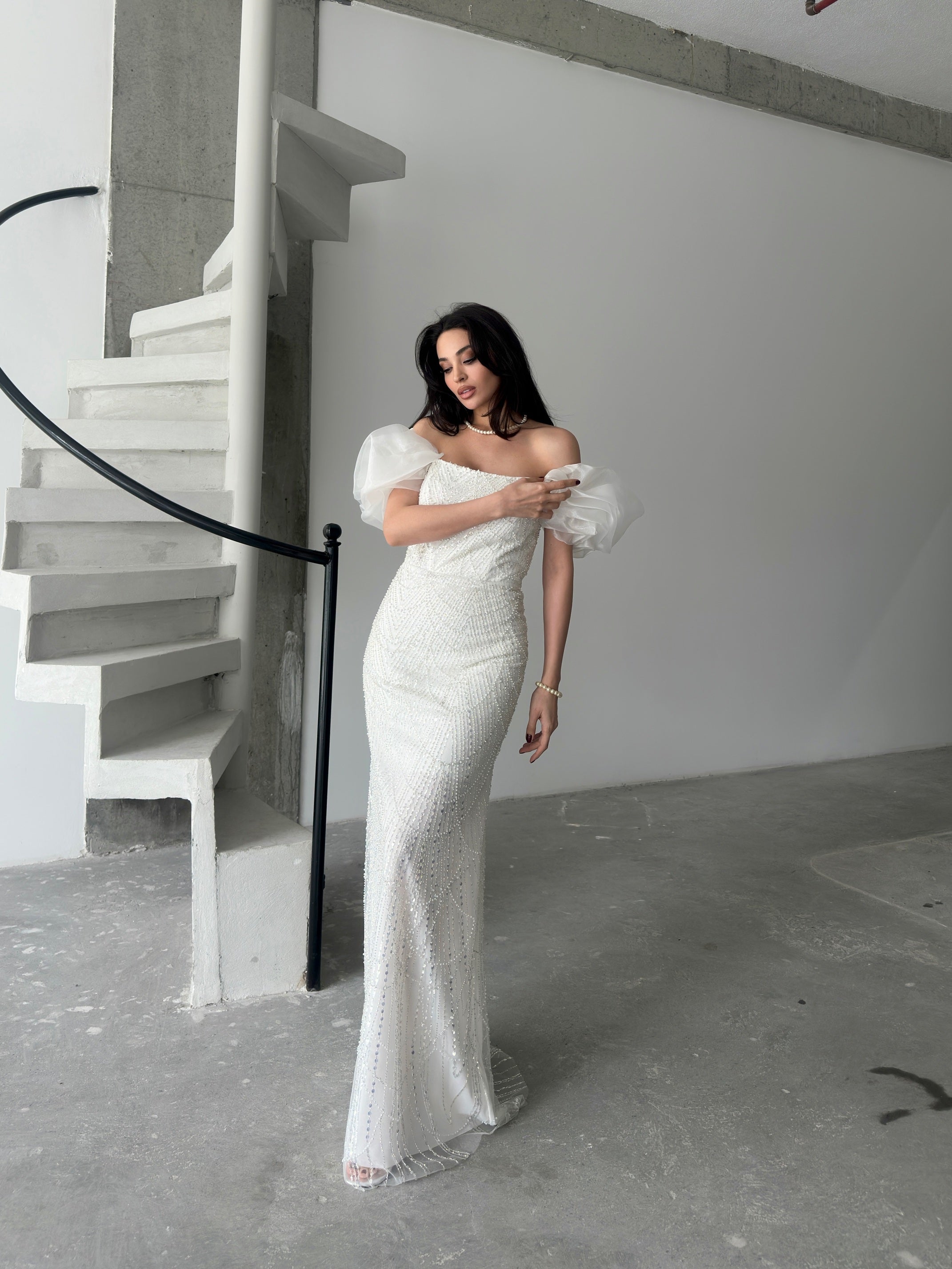 Beaded Off-Shoulder Puff Sleeve Maxi Dress - White