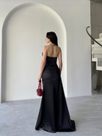 Draped Strapless Satin Maxi Dress - Black