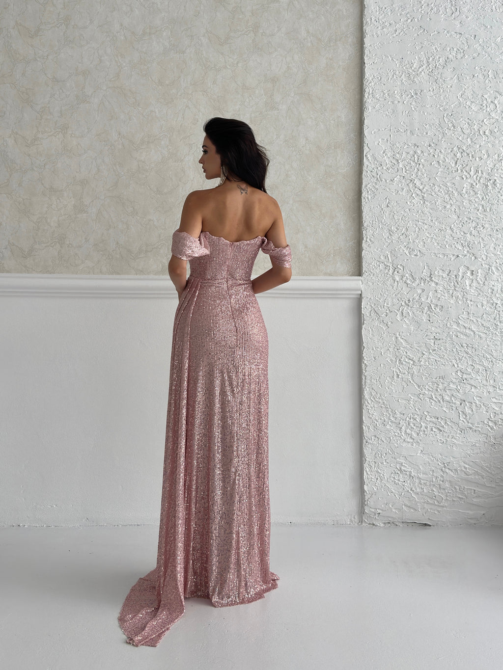 Sequined Off-Shoulder Slit Maxi Dress - Powder