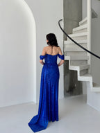 Sequined Off-Shoulder Slit Maxi Dress - Royal Blue