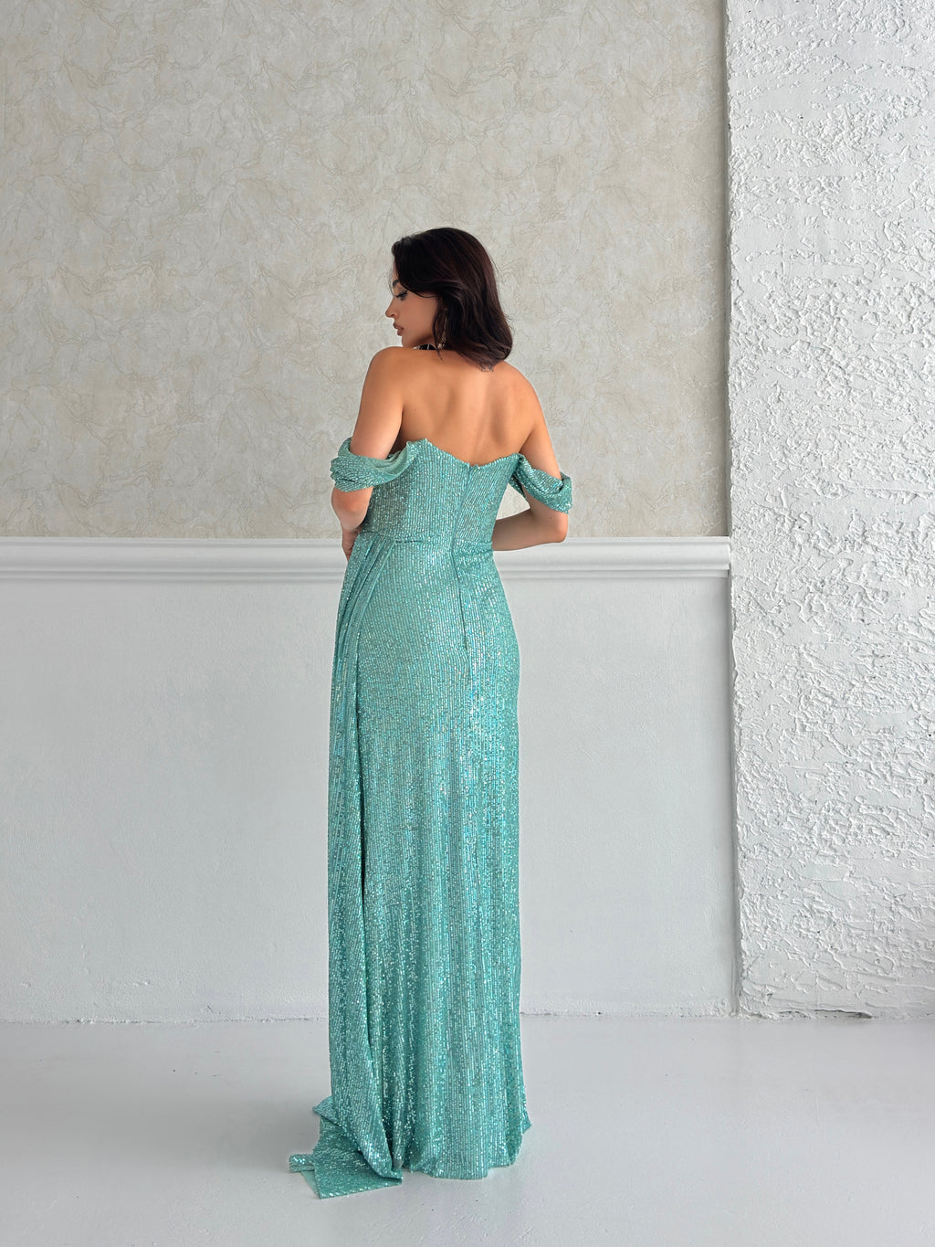 Sequined Off-Shoulder Slit Maxi Dress - Mint