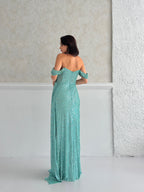 Sequined Off-Shoulder Slit Maxi Dress - Mint