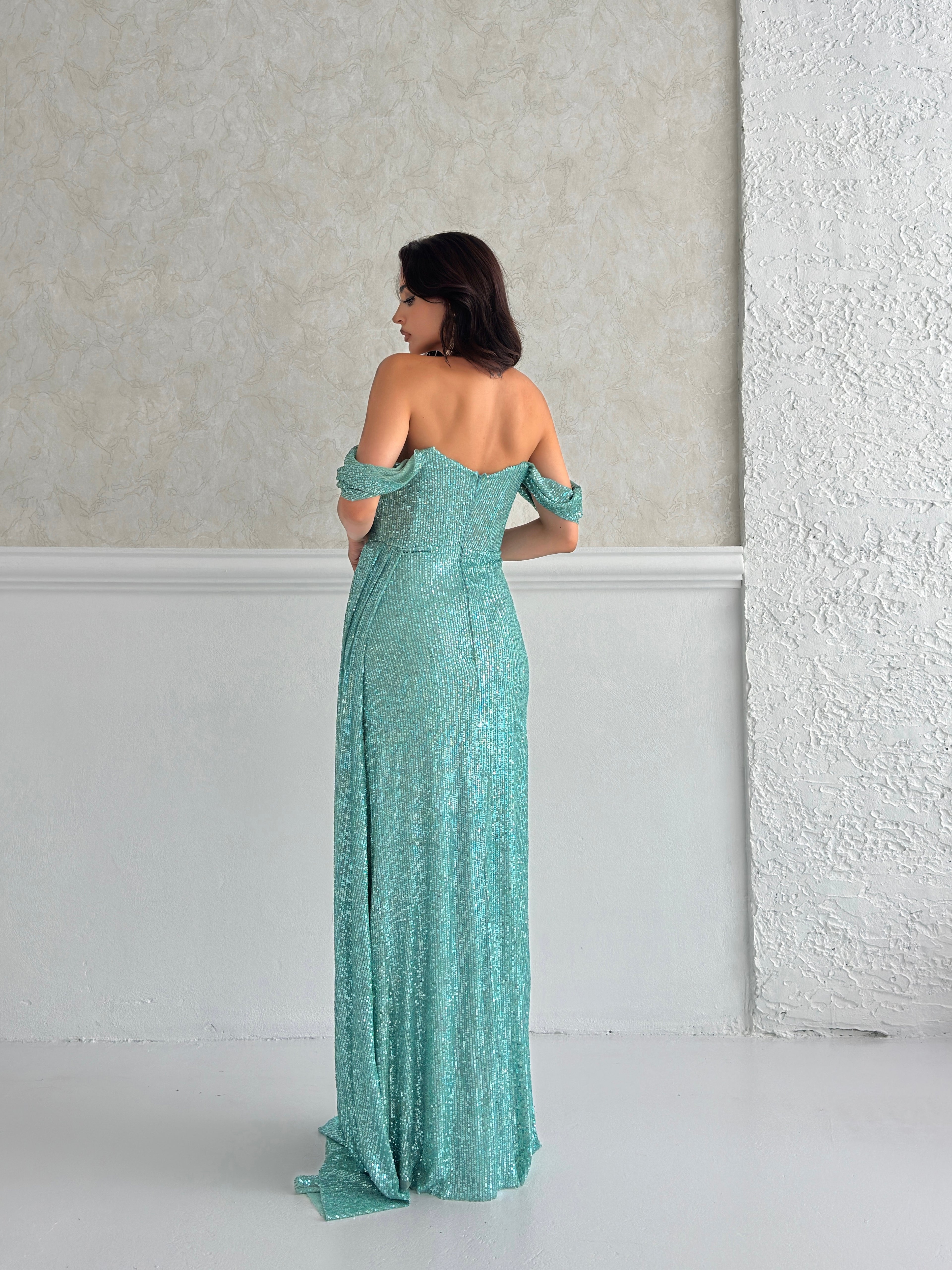 Sequined Off-Shoulder Slit Maxi Dress - Mint