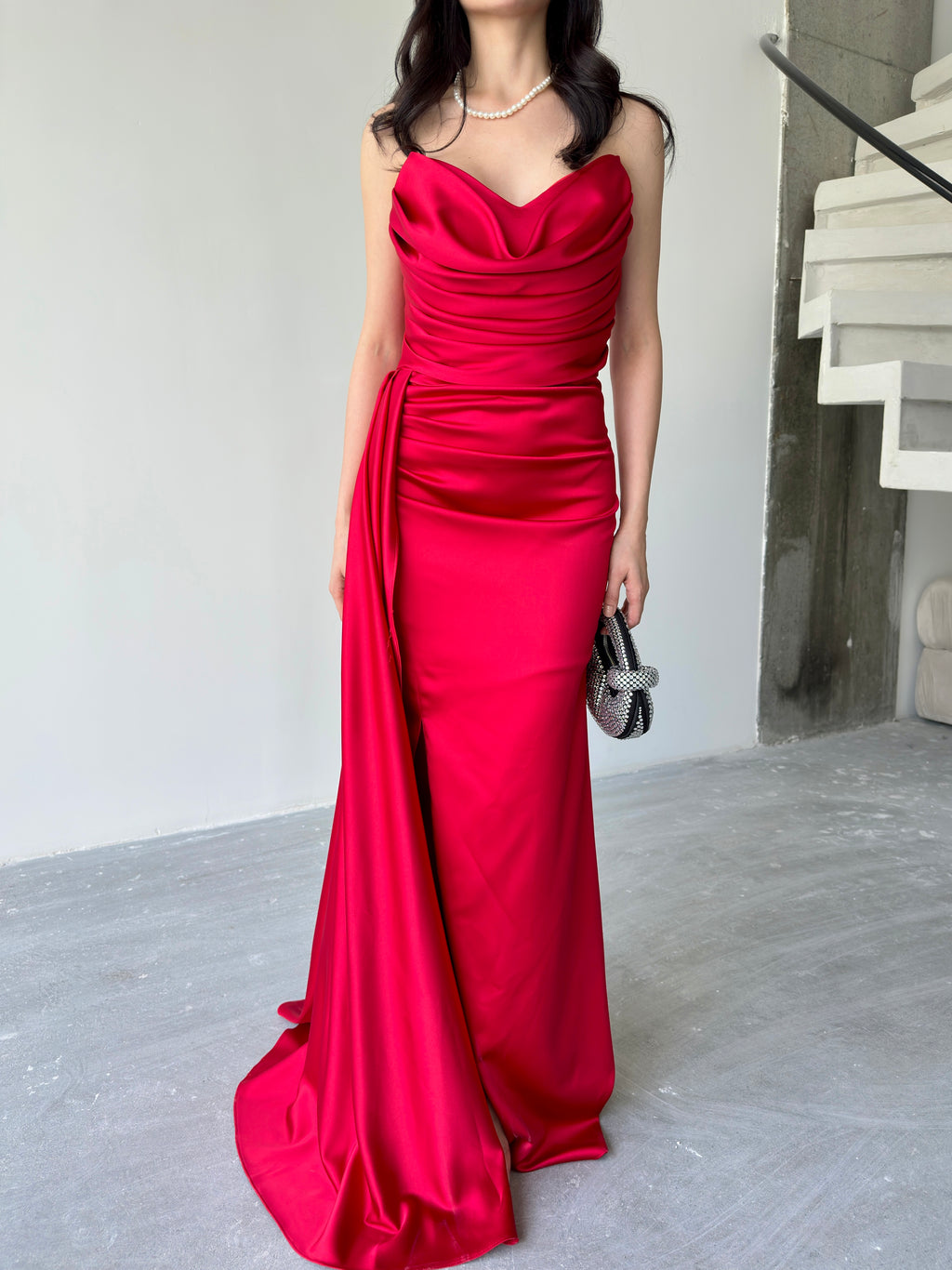 Draped Strapless Satin Maxi Dress - Red