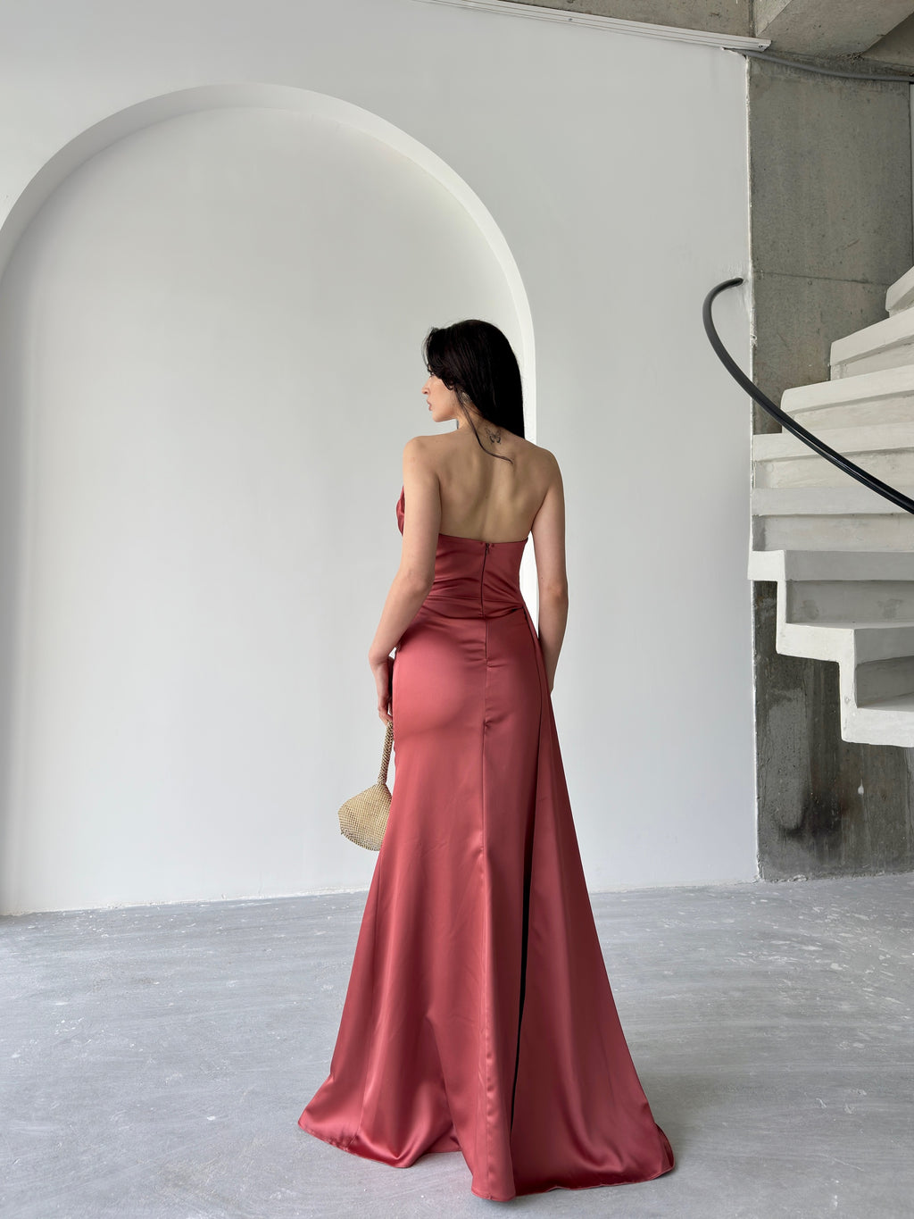Draped Strapless Satin Maxi Dress - Cinnamon