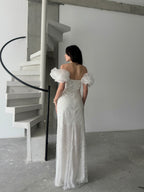 Beaded Off-Shoulder Puff Sleeve Maxi Dress - White