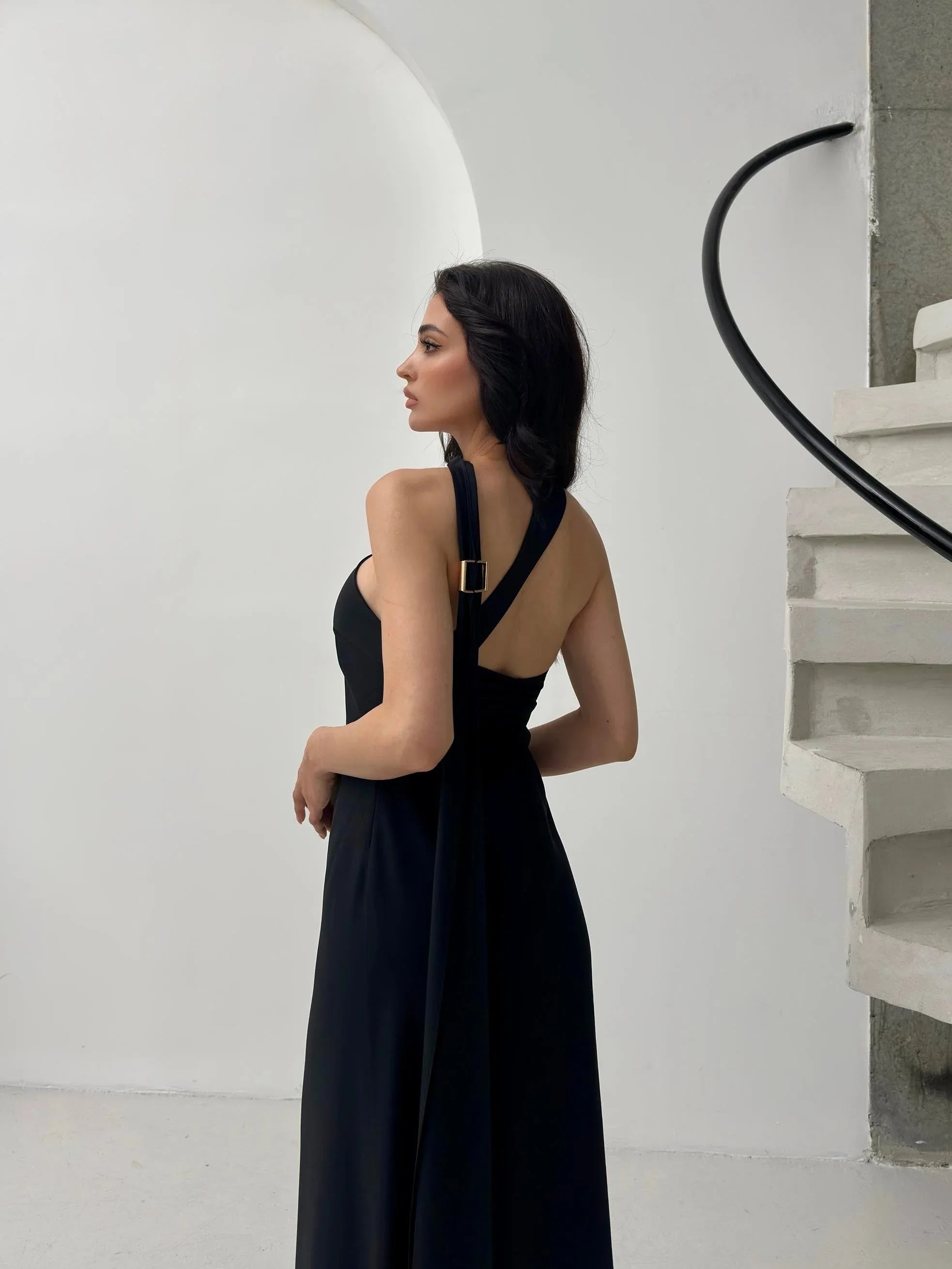 Scarf Detail One-Shoulder Maxi Dress - Black - Mirelline Store