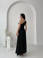 Patterned One-Shoulder Cut-Out Maxi Dress - Black - Mirelline Store