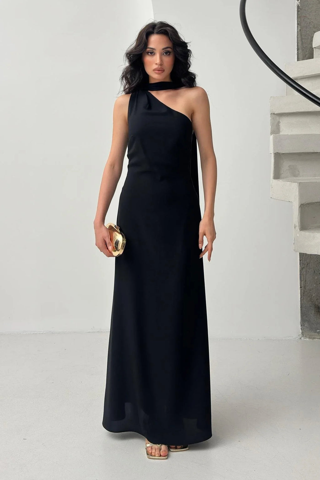 Scarf Detail One-Shoulder Maxi Dress - Black - Mirelline Store