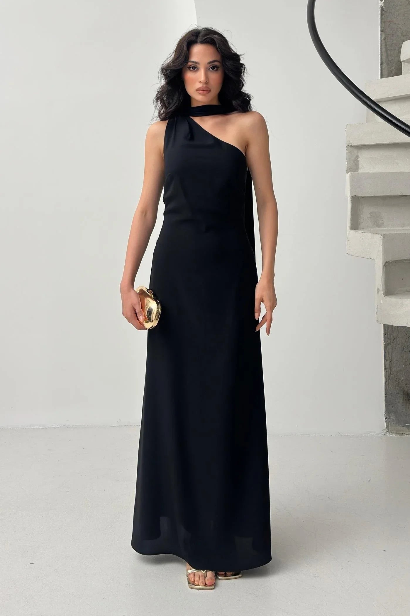 Scarf Detail One-Shoulder Maxi Dress - Black - Mirelline Store