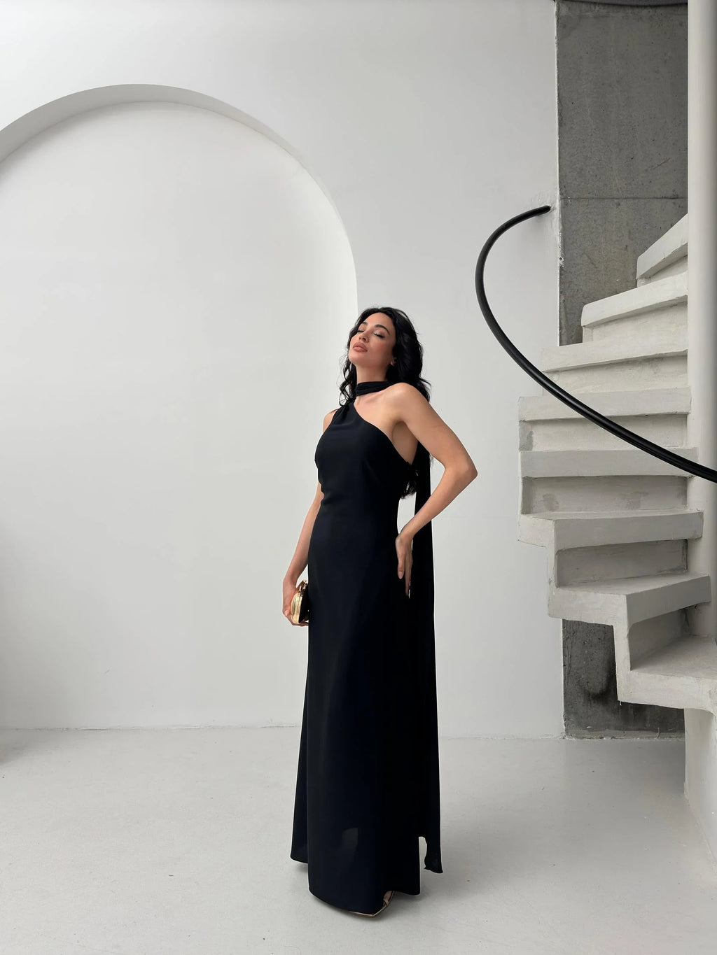 Scarf Detail One-Shoulder Maxi Dress - Black - Mirelline Store