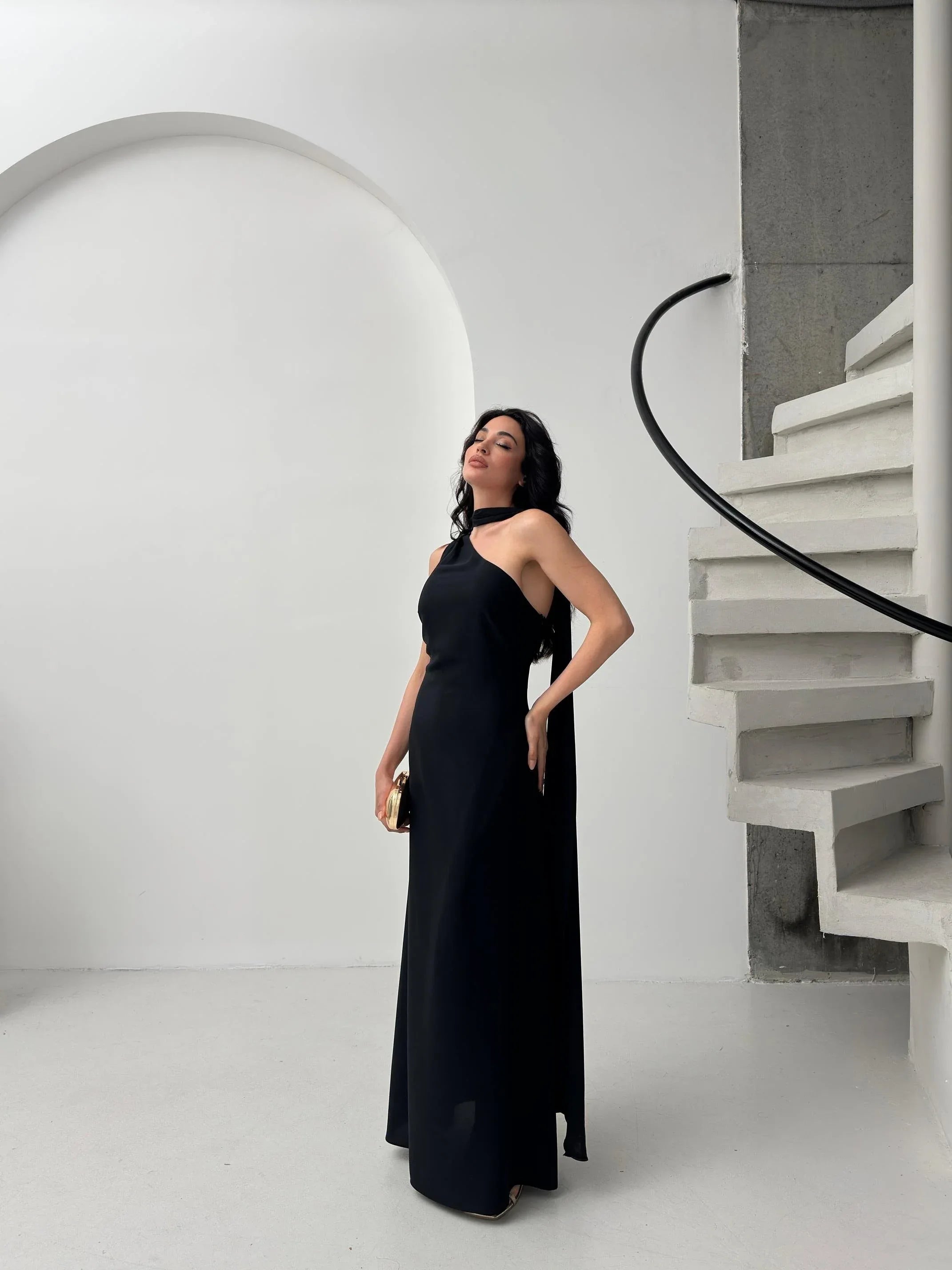 Scarf Detail One-Shoulder Maxi Dress - Black - Mirelline Store