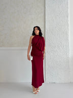 One-Shoulder Mock Neck Draped Maxi Dress - Burgundy - Mirelline Store