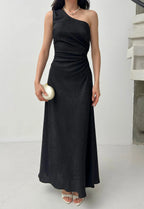 Patterned One-Shoulder Cut-Out Maxi Dress - Black - Mirelline Store